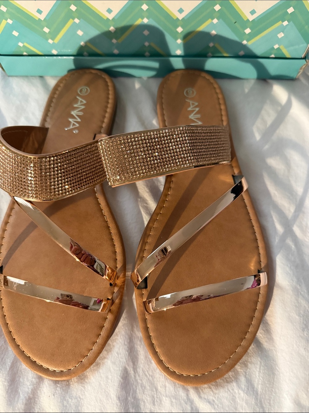 ANNA Rose Gold Metallic and Tan Strap Slide Sandals